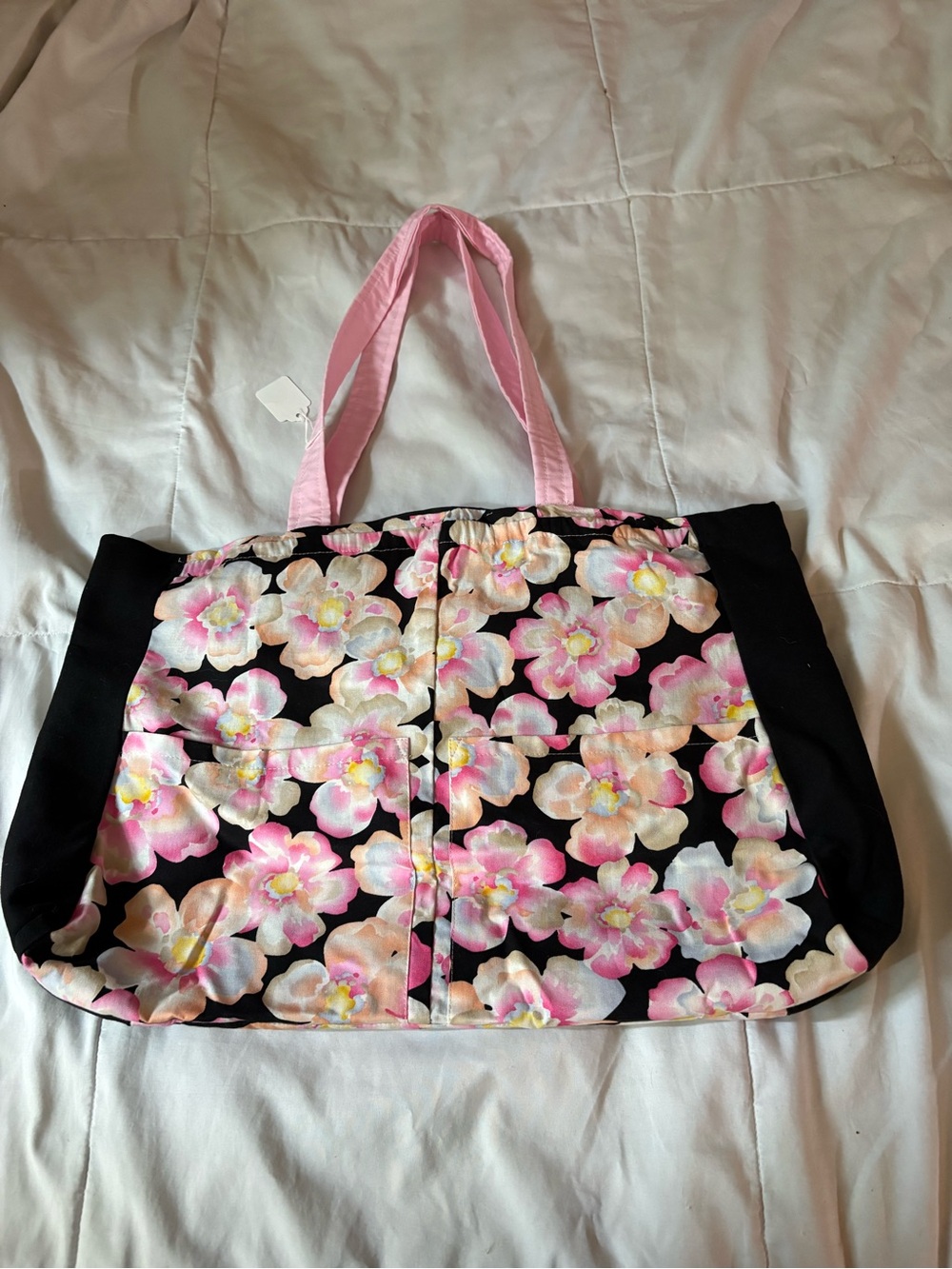 Pink Floral Tote Bag with Black Base
